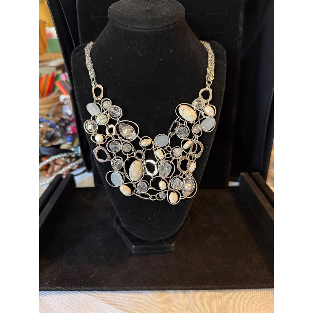 Chicos Silver Tone Bib Statement Necklace Faux Pearl Marbled Stone Mixed Bead
